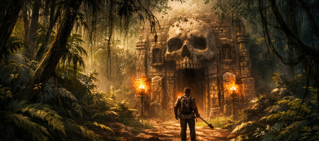 A torch-bearing explorer facing a massive skull carved into overgrown jungle temple ruins in Shores of the Fallen