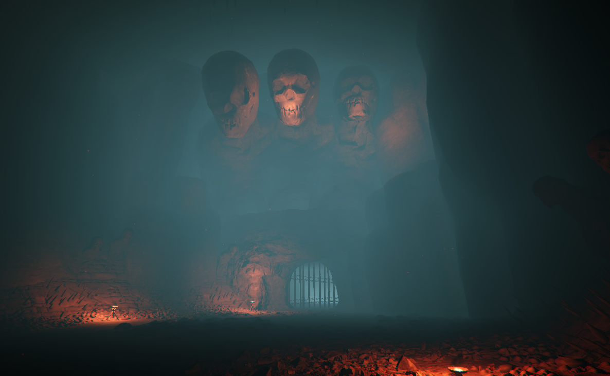 Three colossal skull carvings loom over a barred gateway in a fog-filled cavern lit by glowing embers
