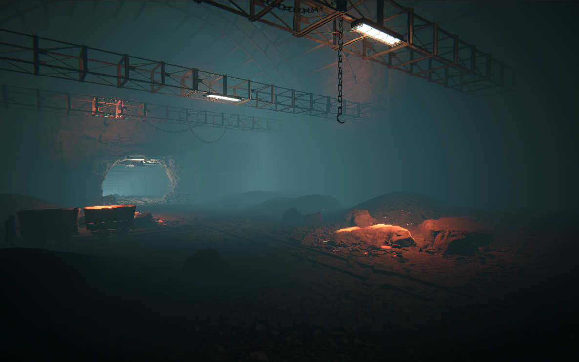 An abandoned underground mine tunnel with rusted scaffolding, hanging chains, and smoldering embers