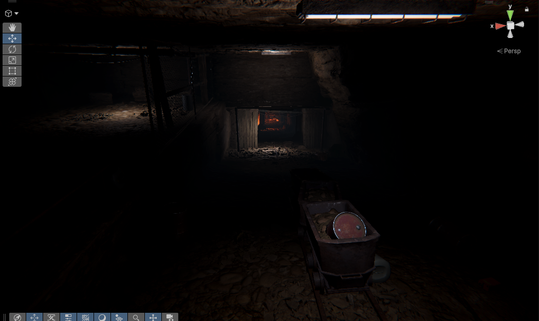 A dark mine shaft with a glowing furnace fire seen through a wooden frame and a rusted mine cart on the rails