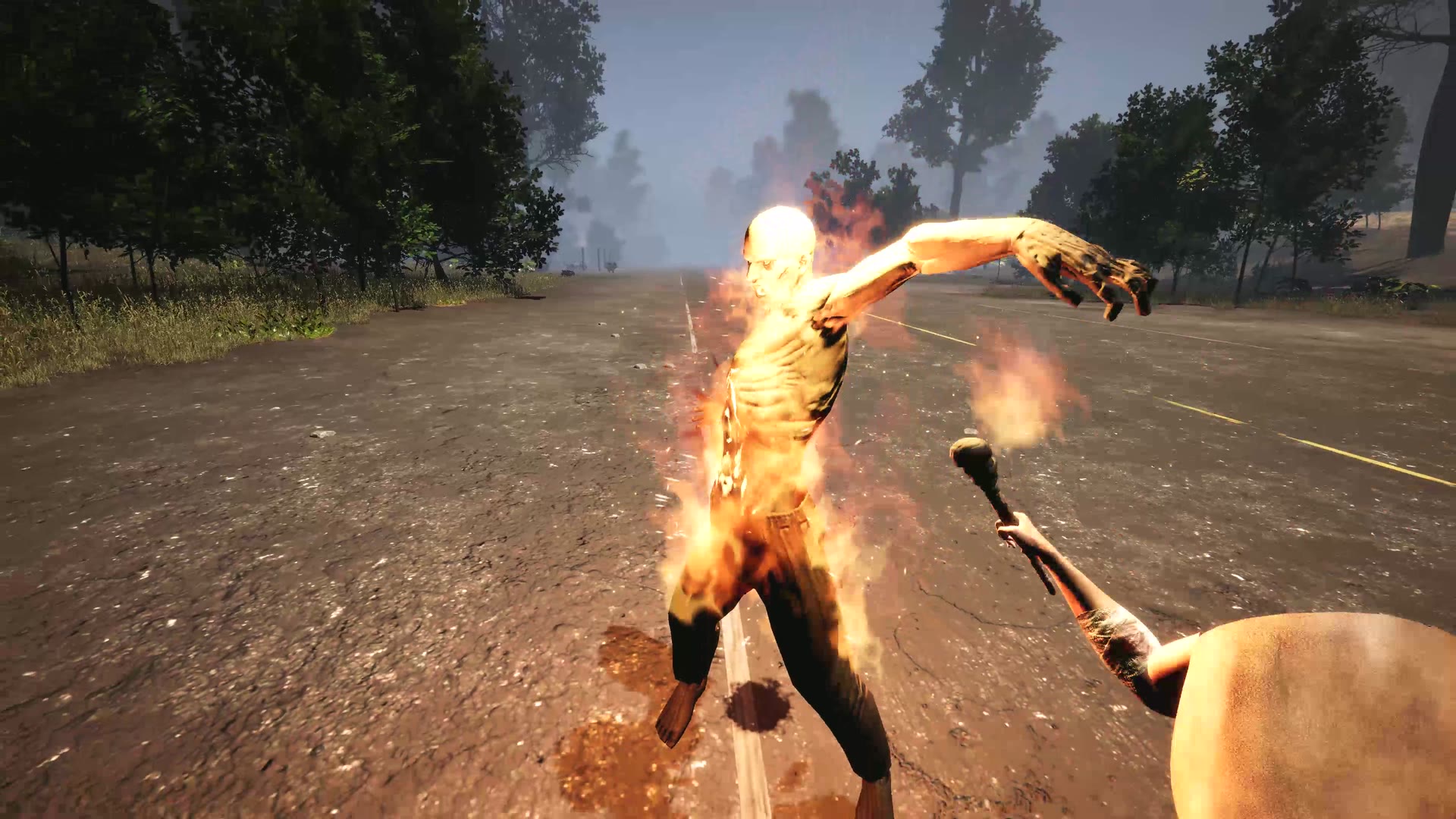 Aiming a pistol at a zombie in the grass