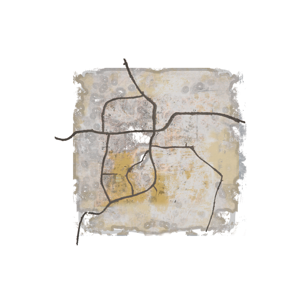 A weathered top-down town map showing winding roads and marked points of interest across the ruined district
